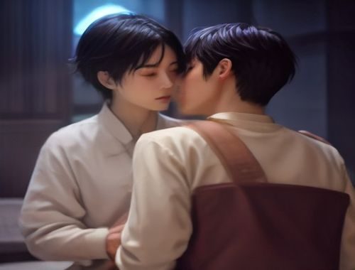 男同BL影视剧场景，两名男性主角在温暖灯光下对视，画面构图唯美，泰国BL剧集风格，情感表达细腻